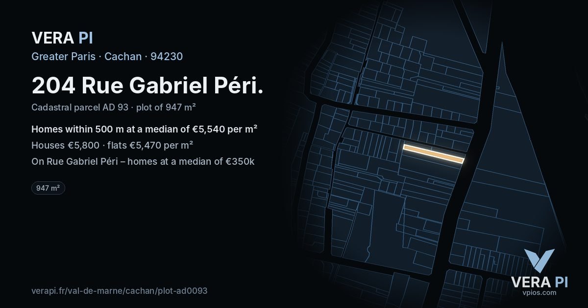 204 Rue Gabriel Péri, Cachan at night – the plot lit, the parcels around coloured by the prices near them