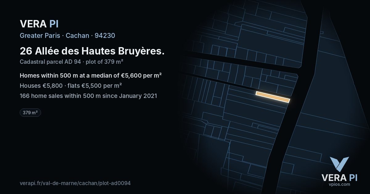 26 Allée des Hautes Bruyères, Cachan at night – the plot lit, the parcels around coloured by the prices near them