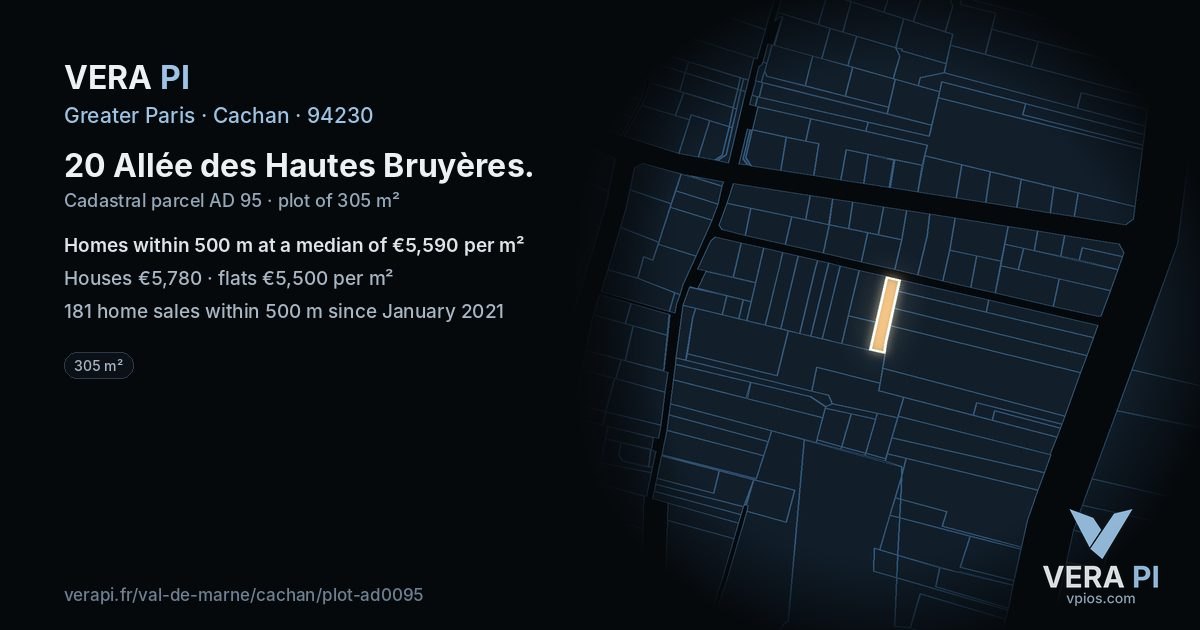 20 Allée des Hautes Bruyères, Cachan at night – the plot lit, the parcels around coloured by the prices near them