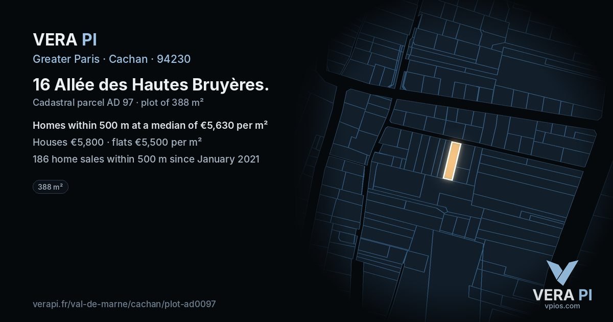 16 Allée des Hautes Bruyères, Cachan at night – the plot lit, the parcels around coloured by the prices near them