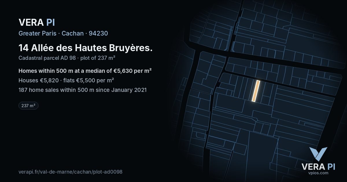 14 Allée des Hautes Bruyères, Cachan at night – the plot lit, the parcels around coloured by the prices near them