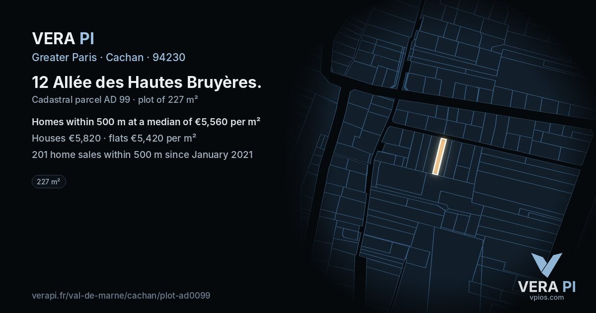 12 Allée des Hautes Bruyères, Cachan at night – the plot lit, the parcels around coloured by the prices near them