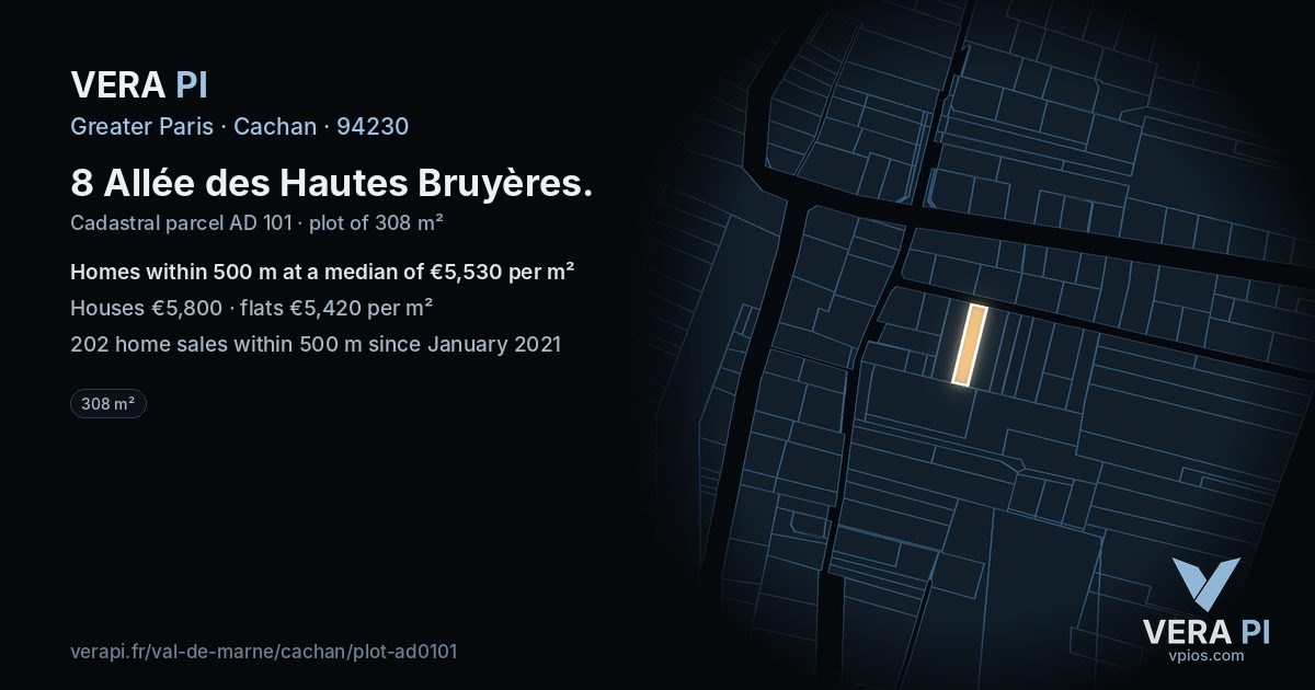 8 Allée des Hautes Bruyères, Cachan at night – the plot lit, the parcels around coloured by the prices near them