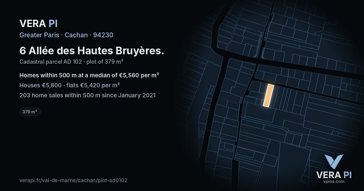 6 Allée des Hautes Bruyères, Cachan at night – the plot lit, the parcels around coloured by the prices near them