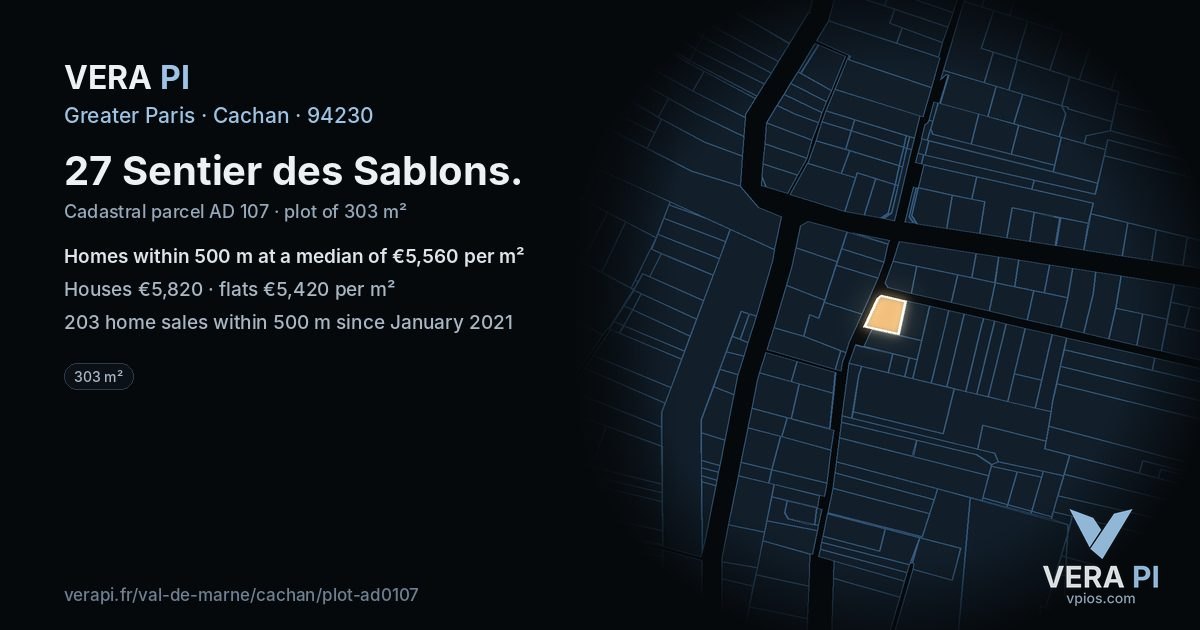 27 Sentier des Sablons, Cachan at night – the plot lit, the parcels around coloured by the prices near them