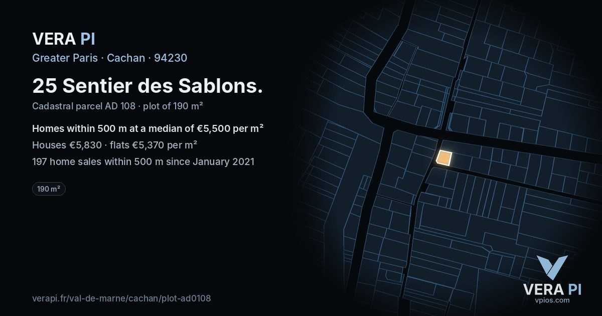 25 Sentier des Sablons, Cachan at night – the plot lit, the parcels around coloured by the prices near them