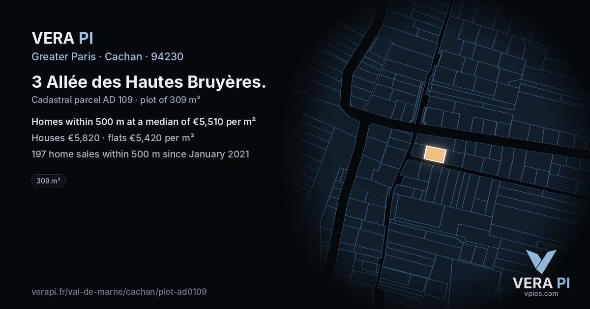 3 Allée des Hautes Bruyères, Cachan at night – the plot lit, the parcels around coloured by the prices near them