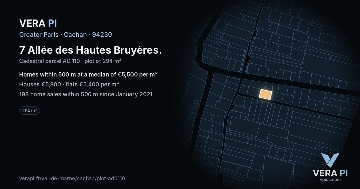 7 Allée des Hautes Bruyères, Cachan at night – the plot lit, the parcels around coloured by the prices near them
