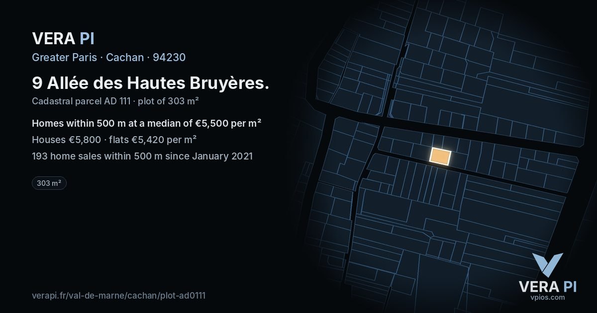 9 Allée des Hautes Bruyères, Cachan at night – the plot lit, the parcels around coloured by the prices near them