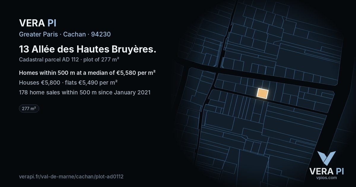 13 Allée des Hautes Bruyères, Cachan at night – the plot lit, the parcels around coloured by the prices near them