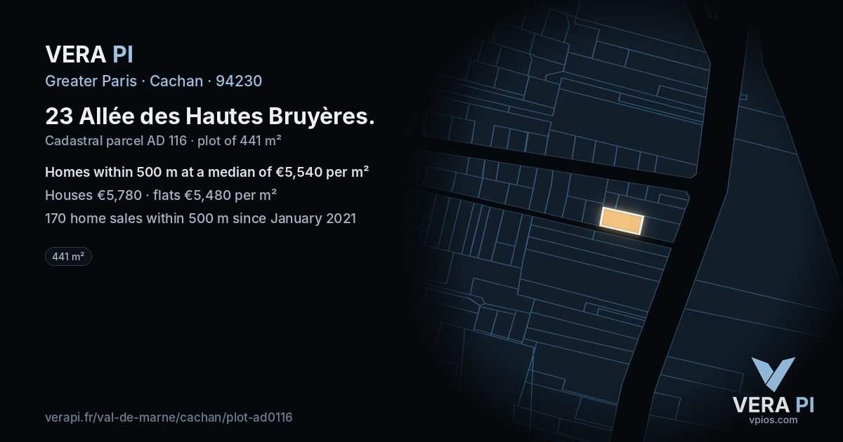 23 Allée des Hautes Bruyères, Cachan at night – the plot lit, the parcels around coloured by the prices near them