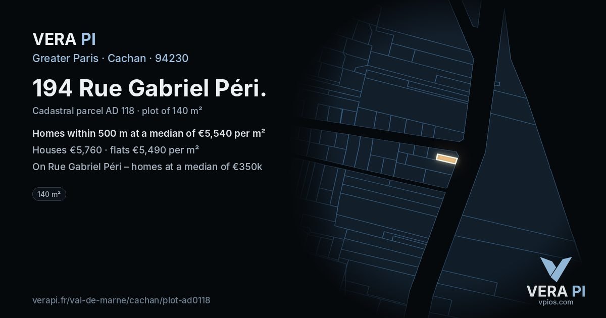 194 Rue Gabriel Péri, Cachan at night – the plot lit, the parcels around coloured by the prices near them