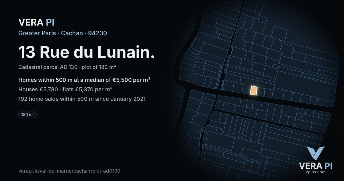 13 Rue du Lunain, Cachan at night – the plot lit, the parcels around coloured by the prices near them