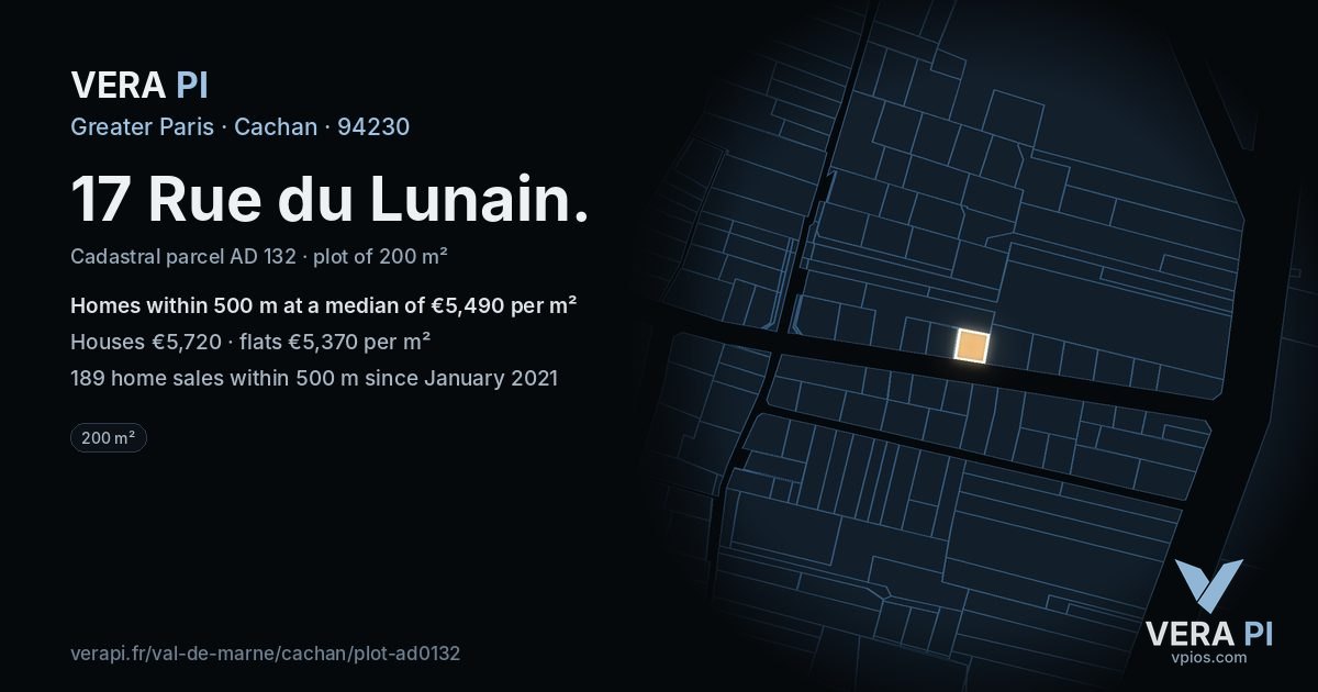 17 Rue du Lunain, Cachan at night – the plot lit, the parcels around coloured by the prices near them