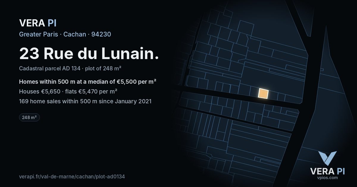 23 Rue du Lunain, Cachan at night – the plot lit, the parcels around coloured by the prices near them