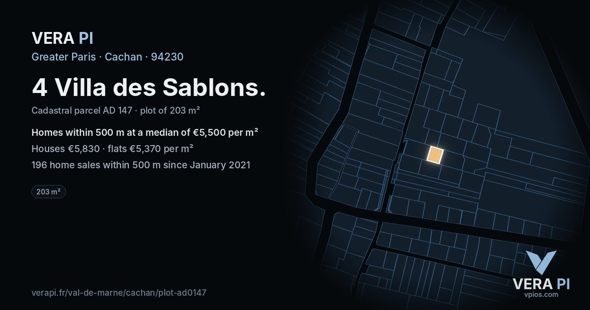 4 Villa des Sablons, Cachan at night – the plot lit, the parcels around coloured by the prices near them