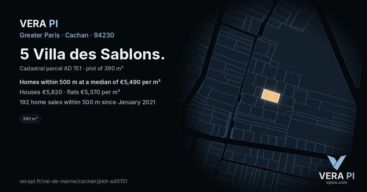 5 Villa des Sablons, Cachan at night – the plot lit, the parcels around coloured by the prices near them