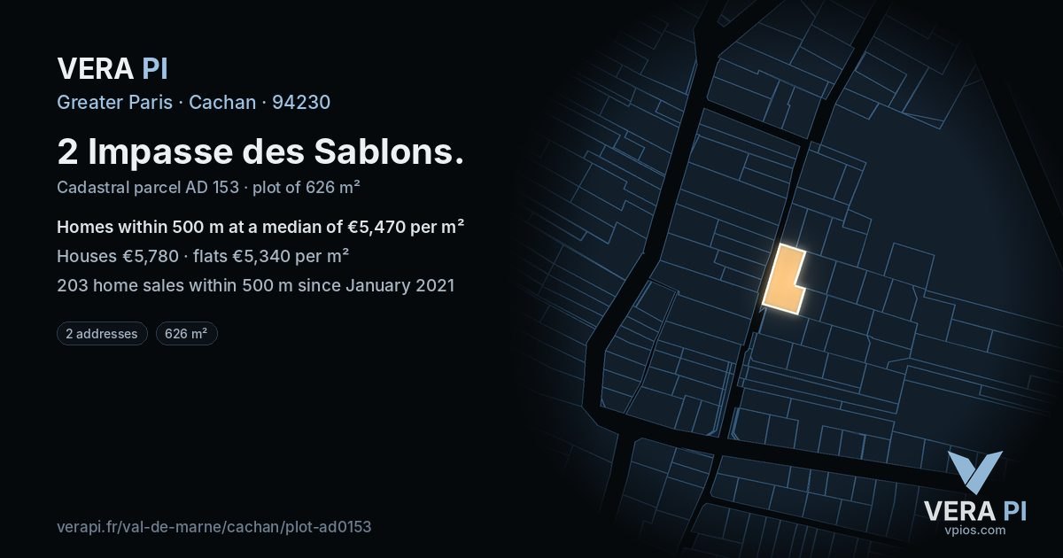 2 Impasse des Sablons, Cachan at night – the plot lit, the parcels around coloured by the prices near them