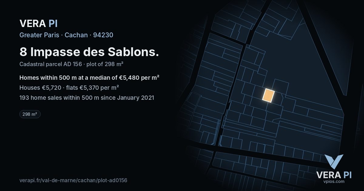8 Impasse des Sablons, Cachan at night – the plot lit, the parcels around coloured by the prices near them