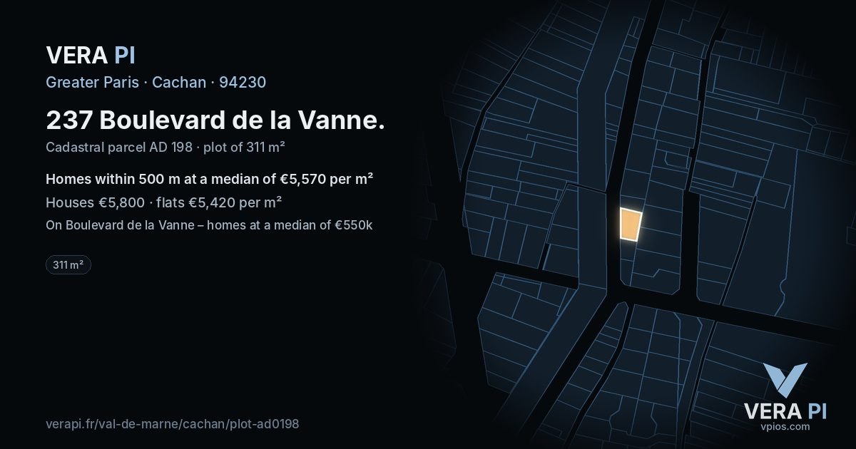 237 Boulevard de la Vanne, Cachan at night – the plot lit, the parcels around coloured by the prices near them