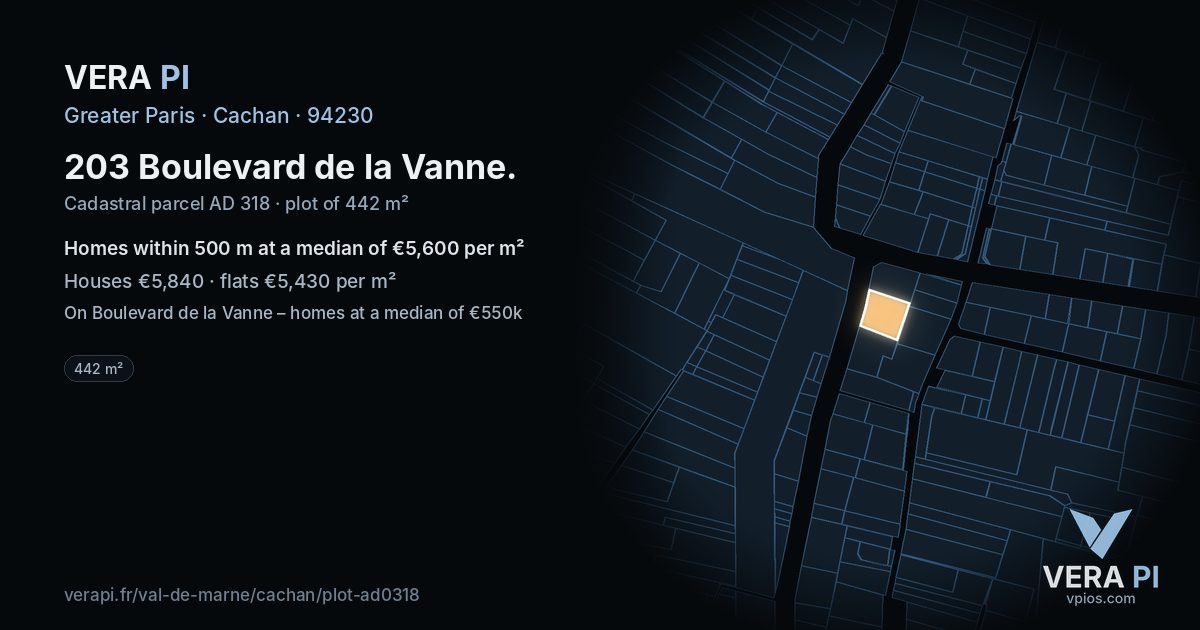 203 Boulevard de la Vanne, Cachan at night – the plot lit, the parcels around coloured by the prices near them