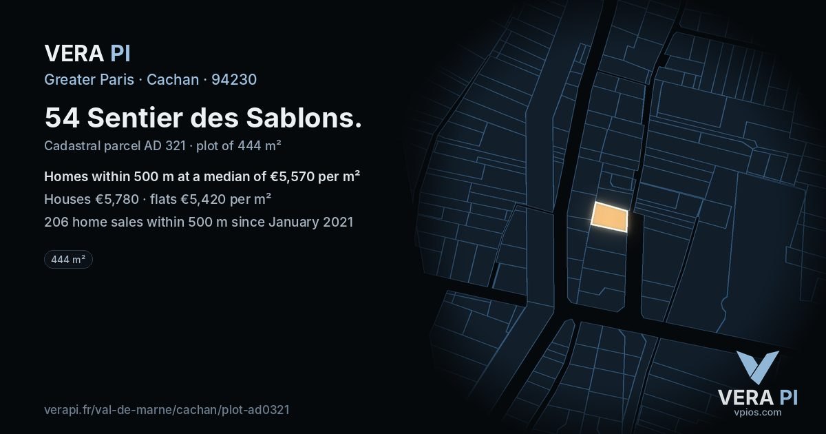54 Sentier des Sablons, Cachan at night – the plot lit, the parcels around coloured by the prices near them