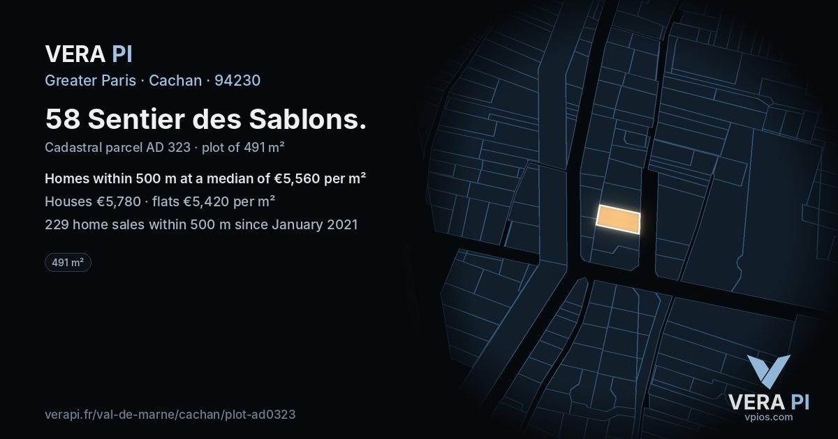 58 Sentier des Sablons, Cachan at night – the plot lit, the parcels around coloured by the prices near them