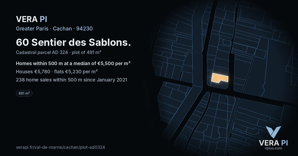 60 Sentier des Sablons, Cachan at night – the plot lit, the parcels around coloured by the prices near them