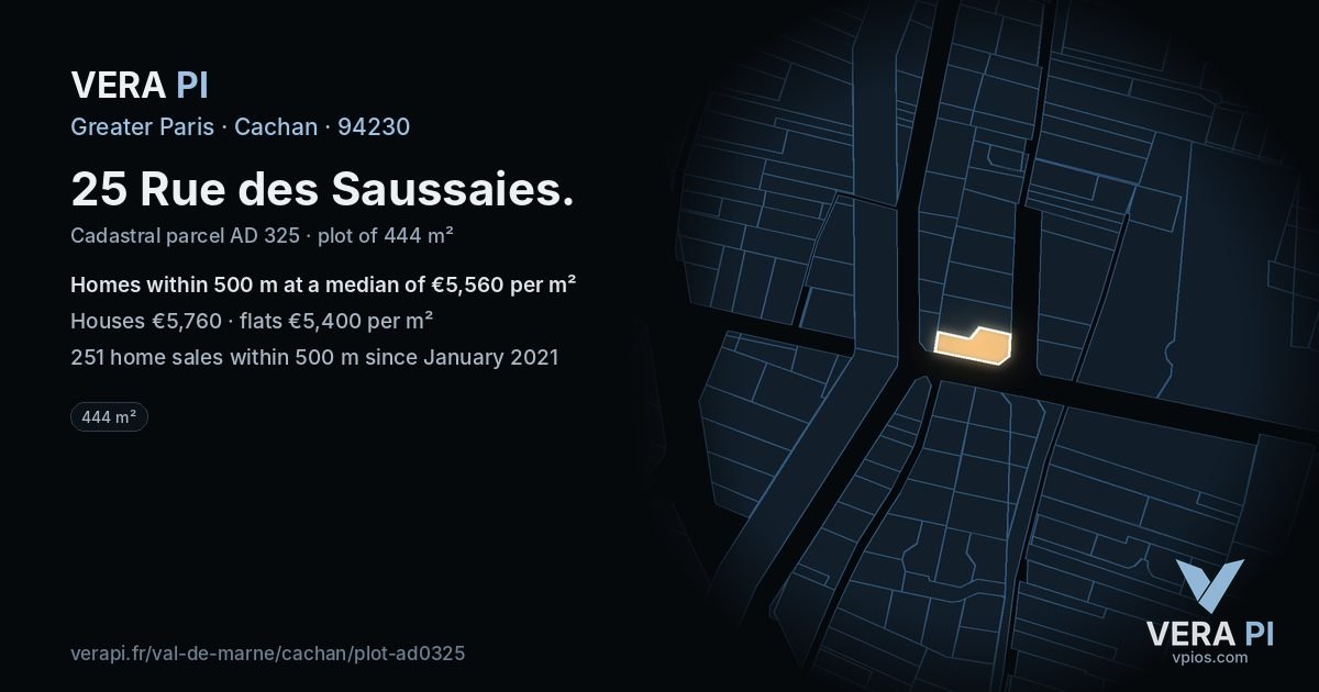 25 Rue des Saussaies, Cachan at night – the plot lit, the parcels around coloured by the prices near them