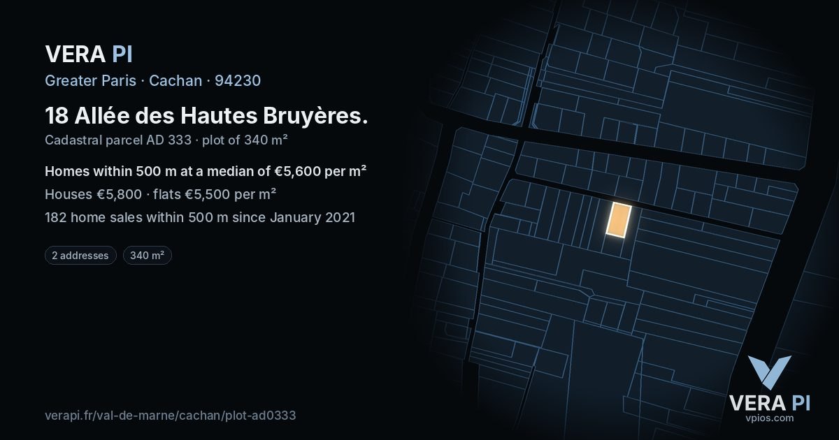 18 Allée des Hautes Bruyères, Cachan at night – the plot lit, the parcels around coloured by the prices near them