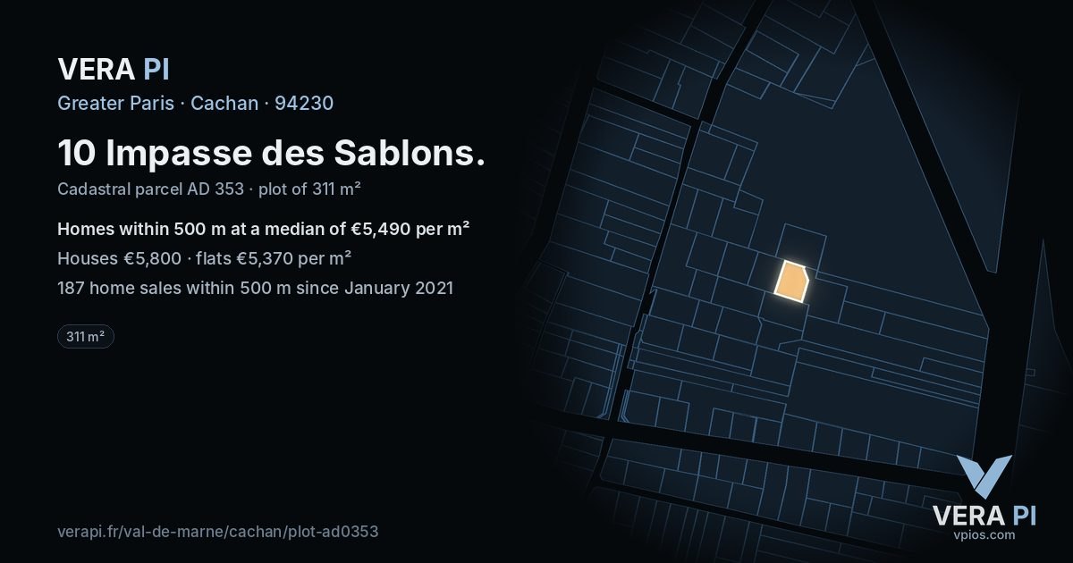10 Impasse des Sablons, Cachan at night – the plot lit, the parcels around coloured by the prices near them