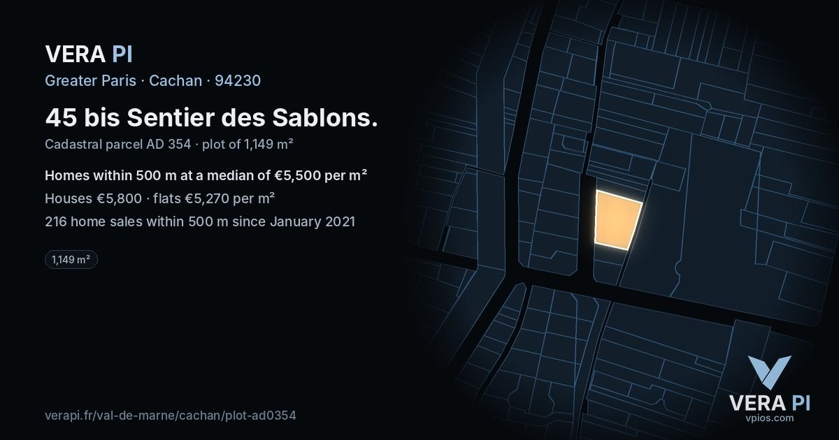 45 bis Sentier des Sablons, Cachan at night – the plot lit, the parcels around coloured by the prices near them