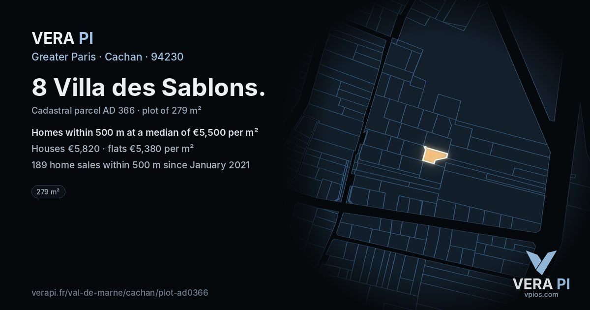 8 Villa des Sablons, Cachan at night – the plot lit, the parcels around coloured by the prices near them