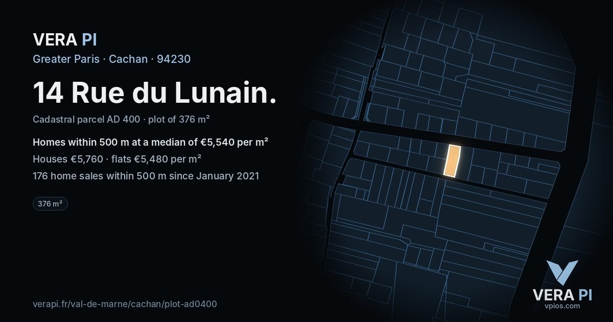 14 Rue du Lunain, Cachan at night – the plot lit, the parcels around coloured by the prices near them