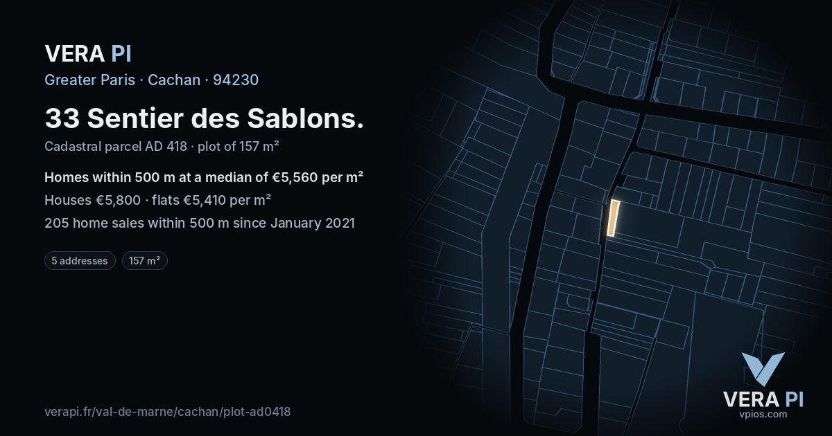 33 Sentier des Sablons, Cachan at night – the plot lit, the parcels around coloured by the prices near them