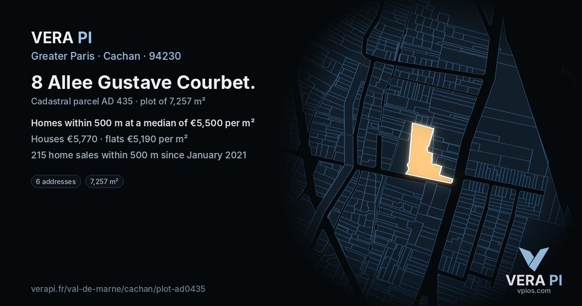 8 Allee Gustave Courbet, Cachan at night – the plot lit, the parcels around coloured by the prices near them