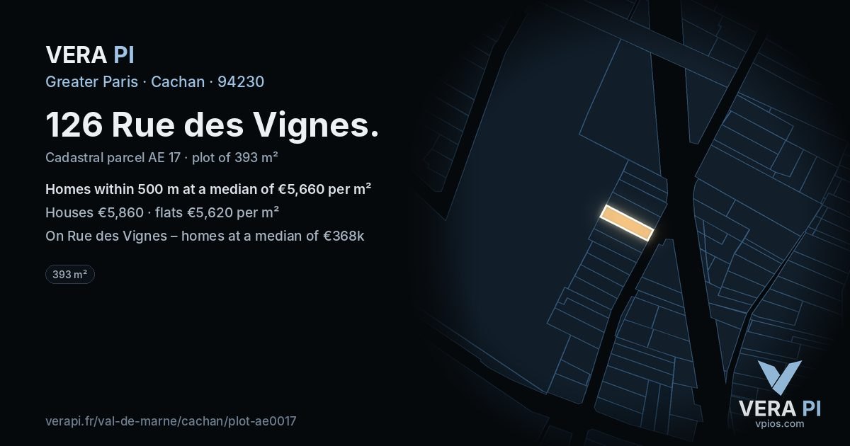 126 Rue des Vignes, Cachan at night – the plot lit, the parcels around coloured by the prices near them