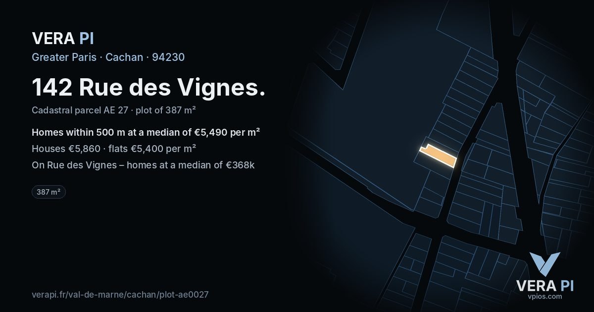 142 Rue des Vignes, Cachan at night – the plot lit, the parcels around coloured by the prices near them