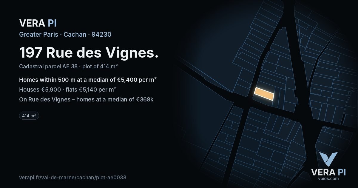 197 Rue des Vignes, Cachan at night – the plot lit, the parcels around coloured by the prices near them