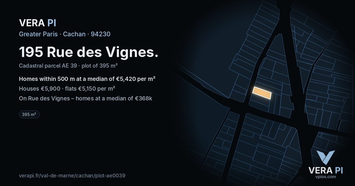 195 Rue des Vignes, Cachan at night – the plot lit, the parcels around coloured by the prices near them