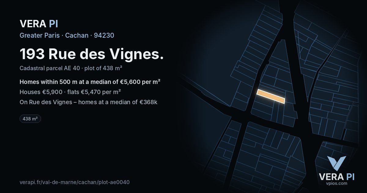 193 Rue des Vignes, Cachan at night – the plot lit, the parcels around coloured by the prices near them