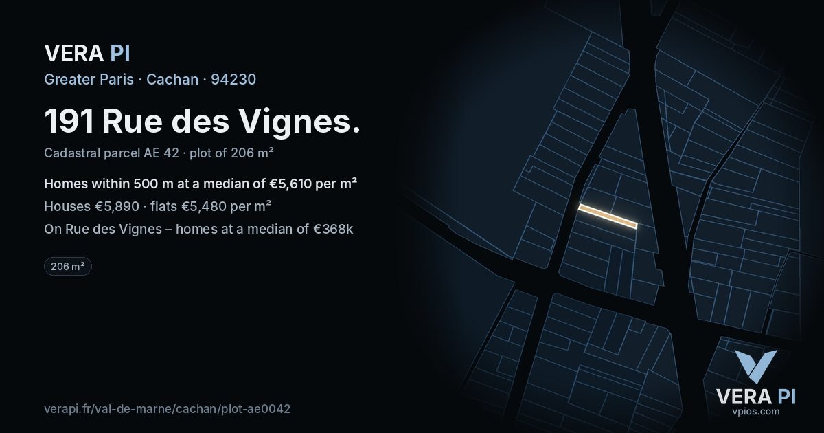 191 Rue des Vignes, Cachan at night – the plot lit, the parcels around coloured by the prices near them