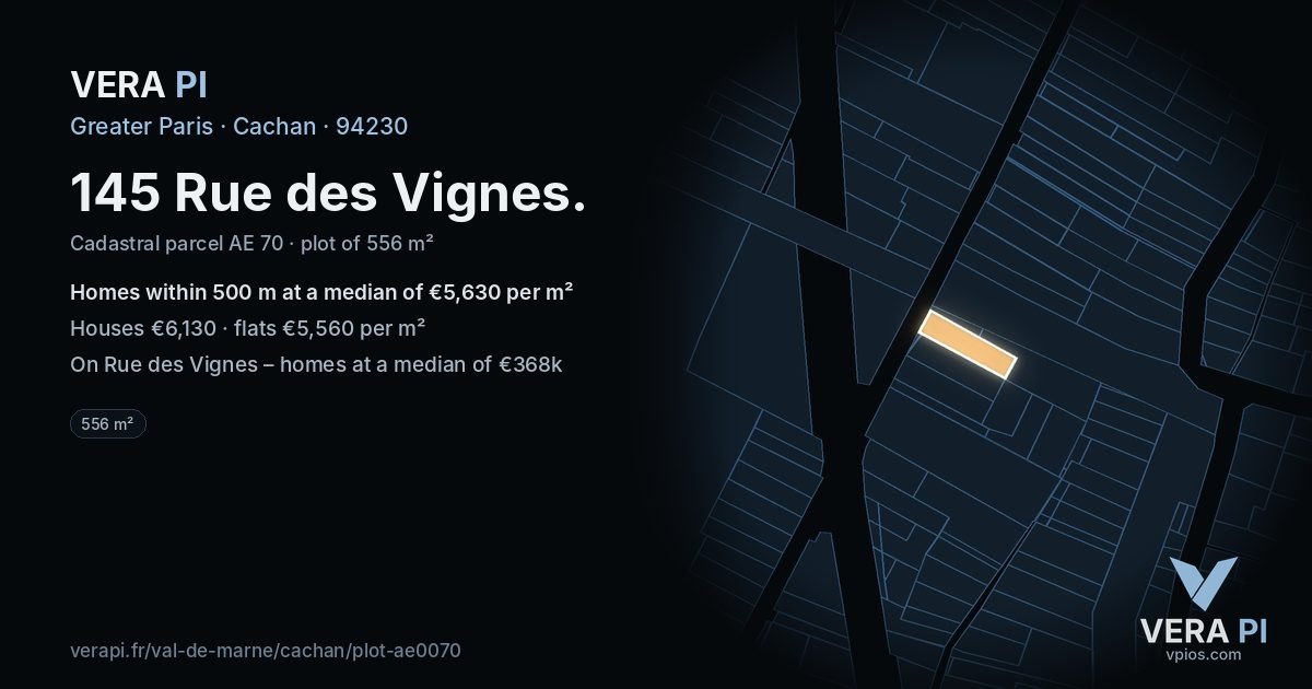 145 Rue des Vignes, Cachan at night – the plot lit, the parcels around coloured by the prices near them