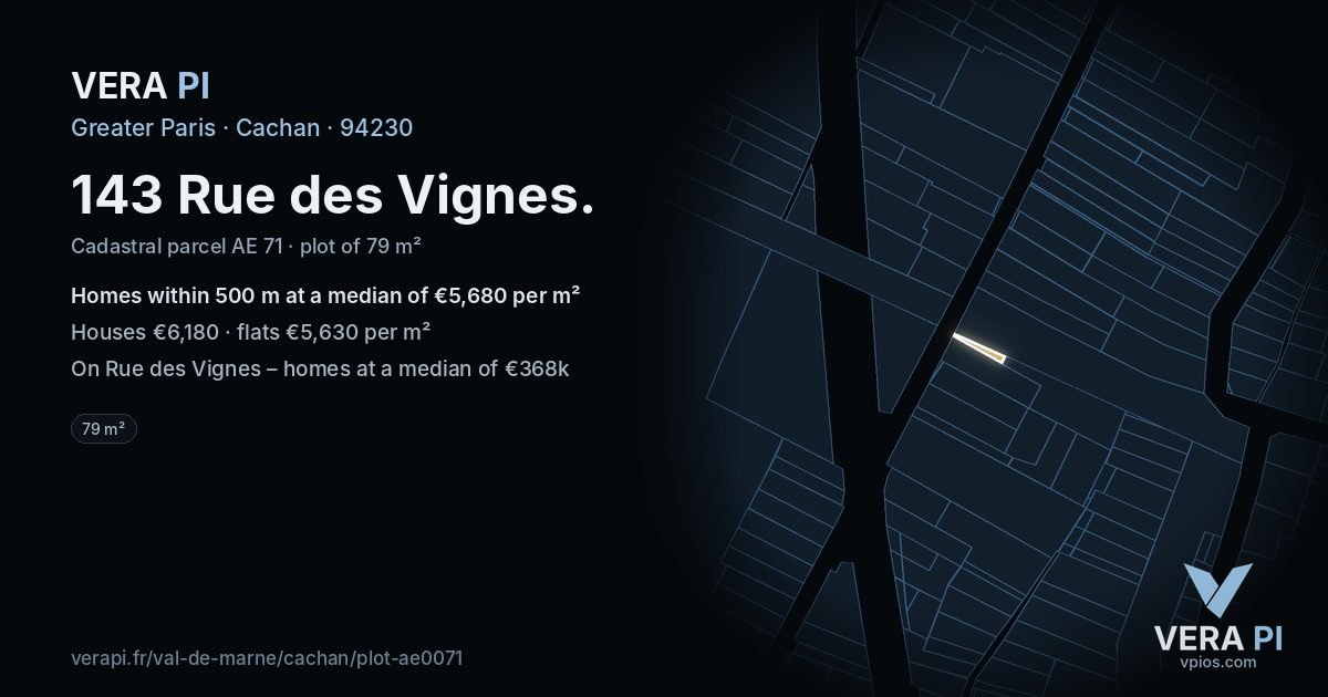 143 Rue des Vignes, Cachan at night – the plot lit, the parcels around coloured by the prices near them