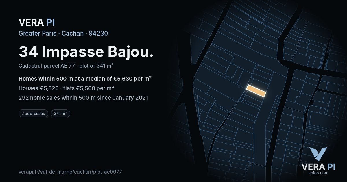 34 Impasse Bajou, Cachan at night – the plot lit, the parcels around coloured by the prices near them