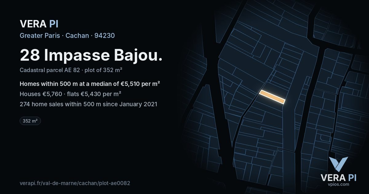 28 Impasse Bajou, Cachan at night – the plot lit, the parcels around coloured by the prices near them