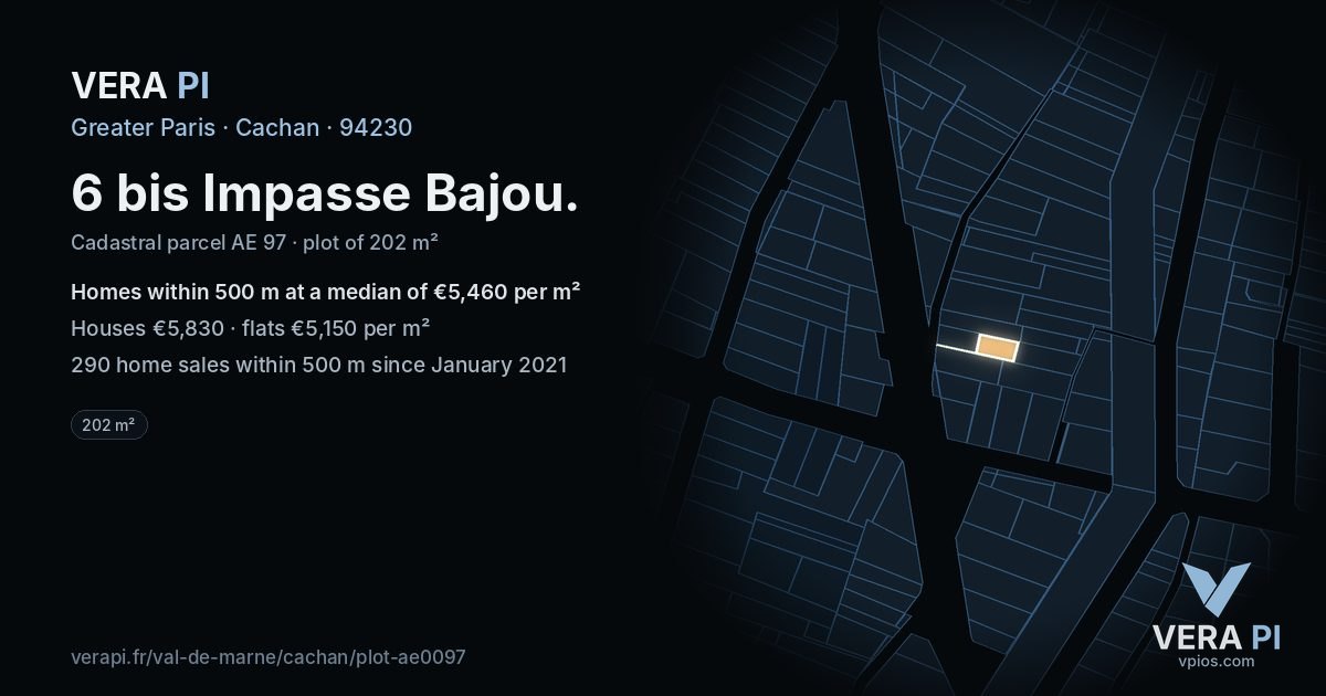 6 bis Impasse Bajou, Cachan at night – the plot lit, the parcels around coloured by the prices near them