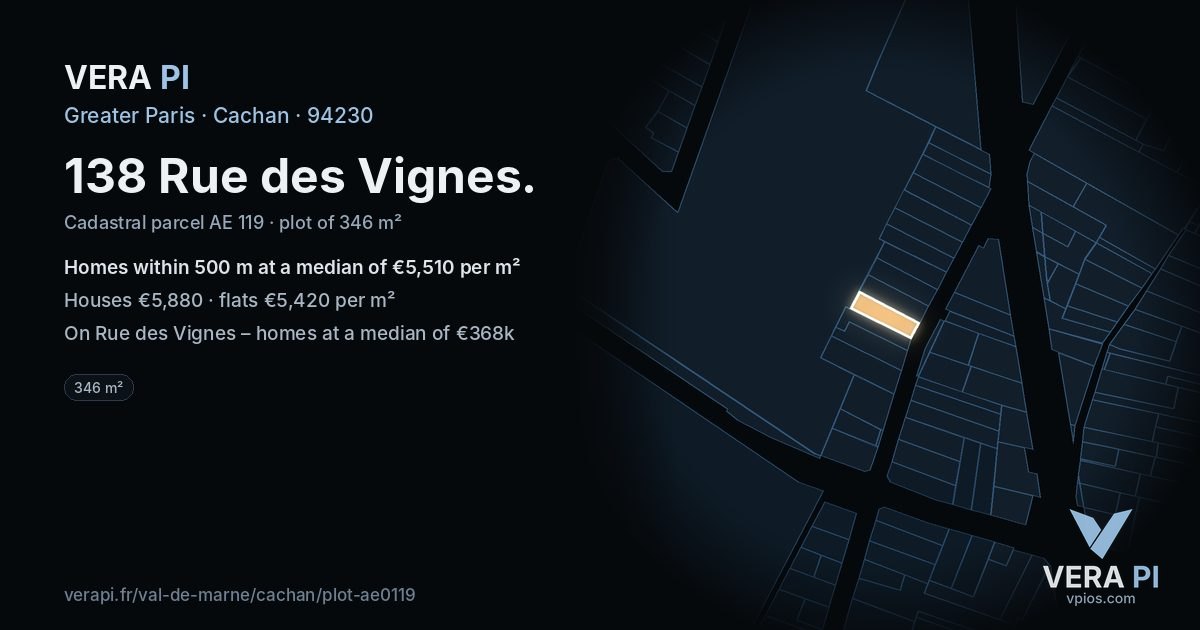 138 Rue des Vignes, Cachan at night – the plot lit, the parcels around coloured by the prices near them