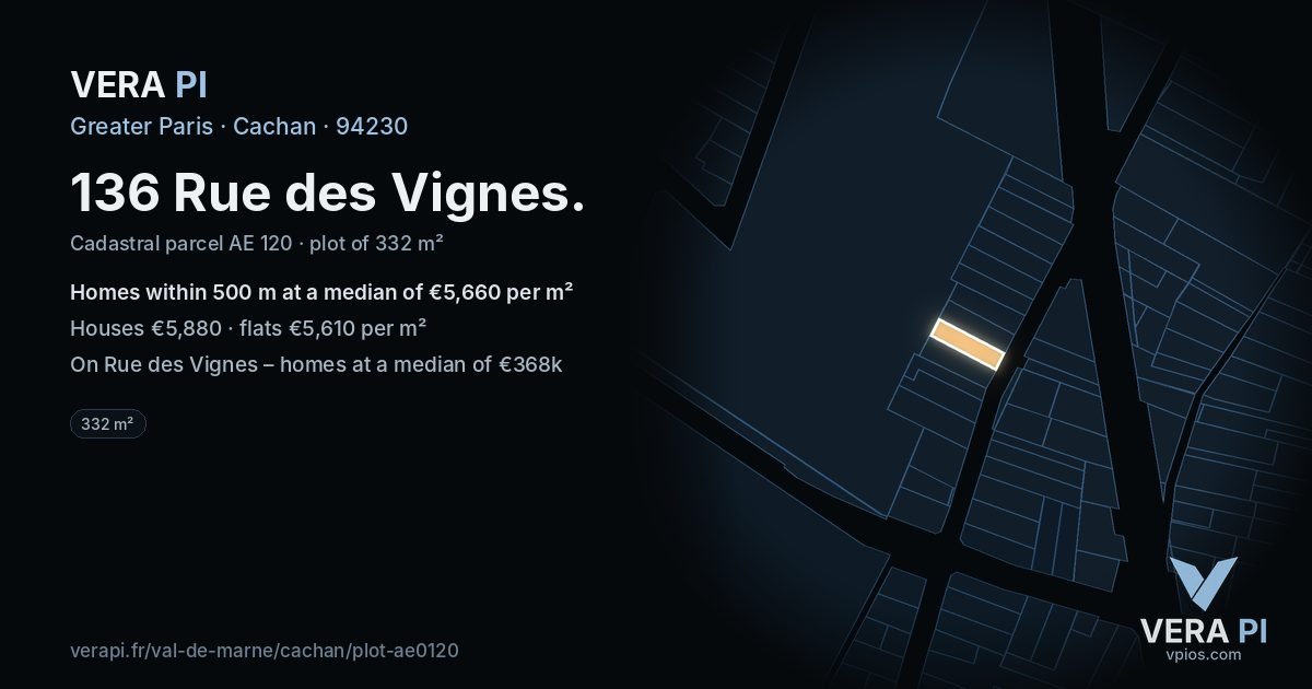 136 Rue des Vignes, Cachan at night – the plot lit, the parcels around coloured by the prices near them