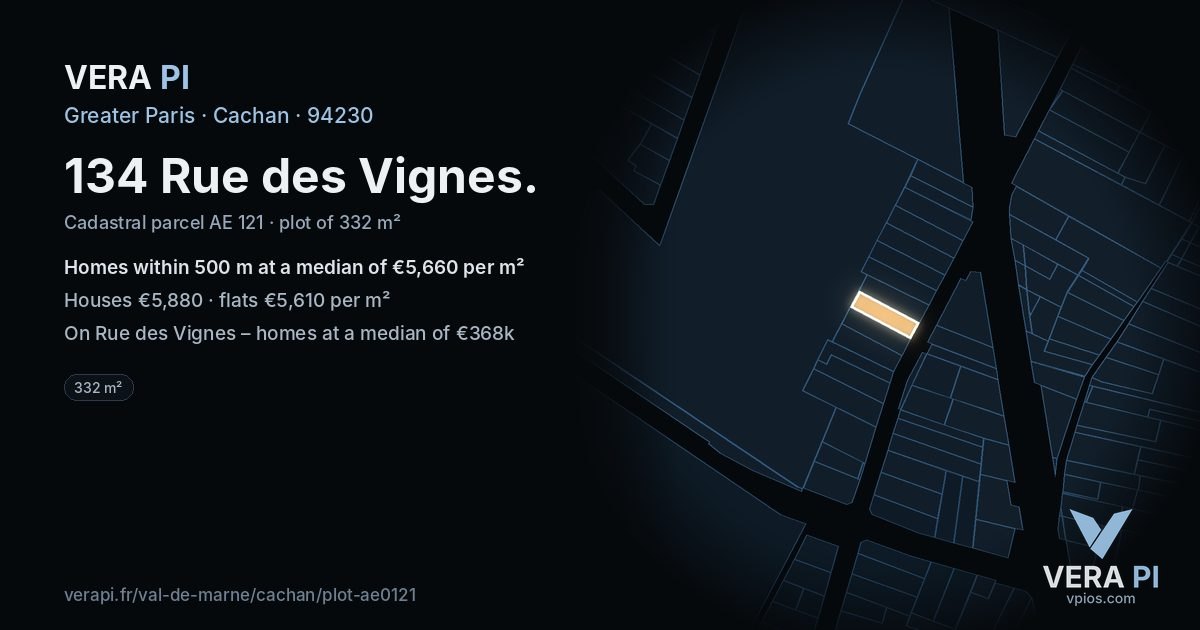 134 Rue des Vignes, Cachan at night – the plot lit, the parcels around coloured by the prices near them